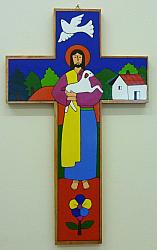 Latin American Painted Cross - 40 cm - Christ the Good Shepherd/Dove