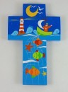 Painted Wood Cross - Miraculous Catch