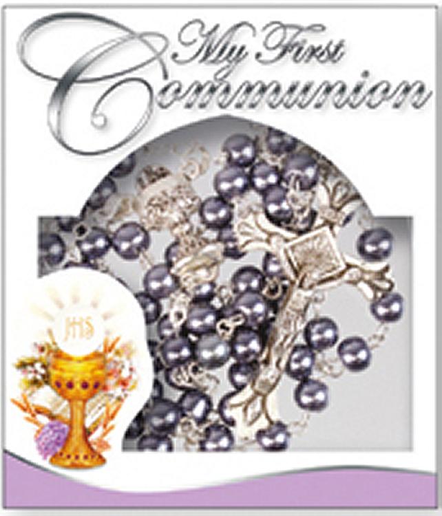 First Communion Glass Rosary beads - Imitation Haematite