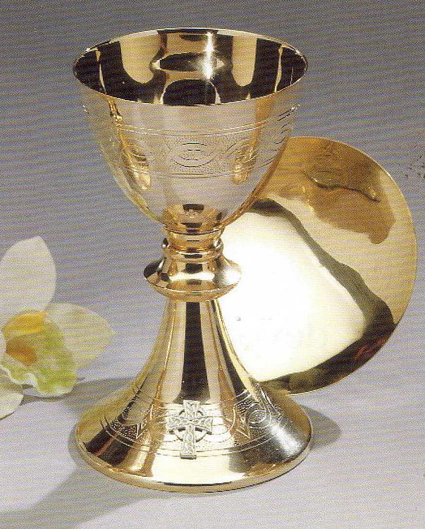Gold-plated brass chalice and paten with celtic cross motif