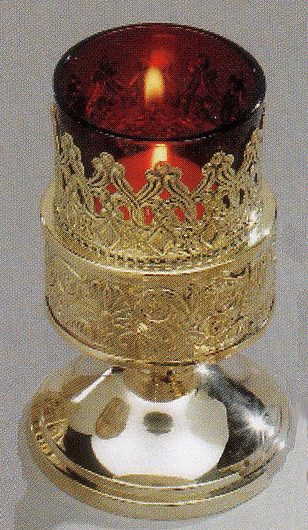 Brass votive light holder - with red glass