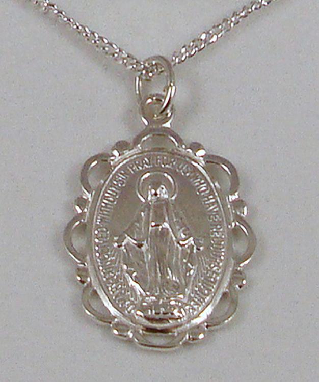 Silver Miraculous medal - scalloped - with chain
