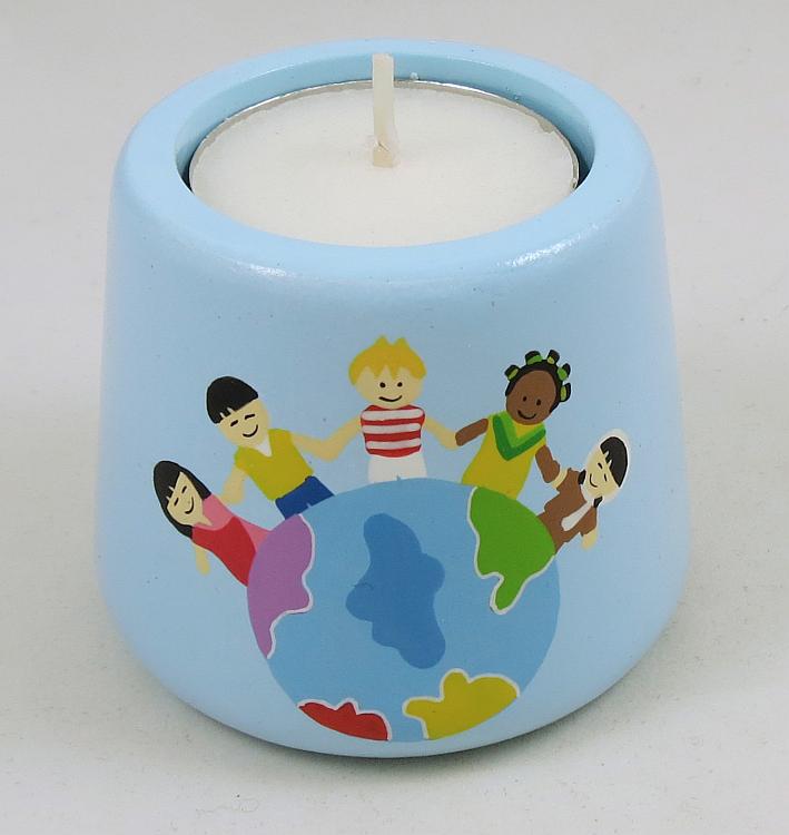 Painted Wood Candle Holder - Children of the World - Blue