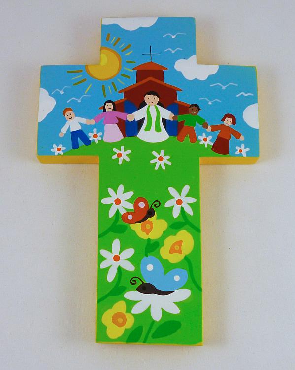 Painted Wood Cross - Going to Church