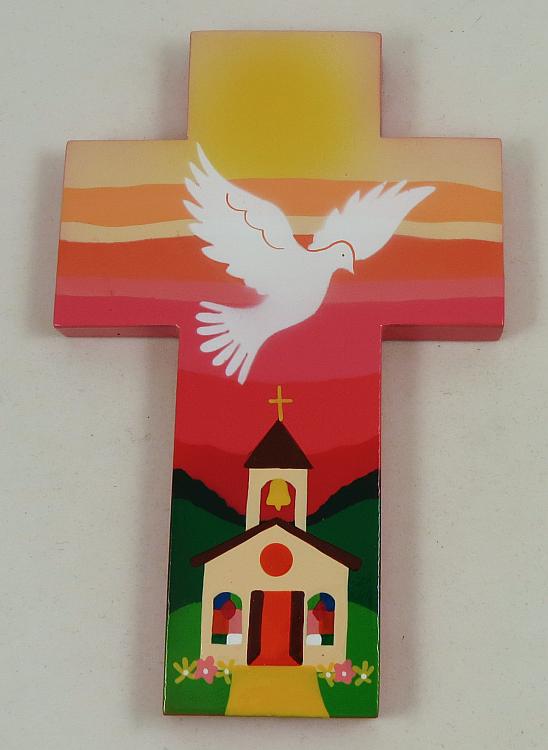 Painted Wood Cross - Dove and church - pink