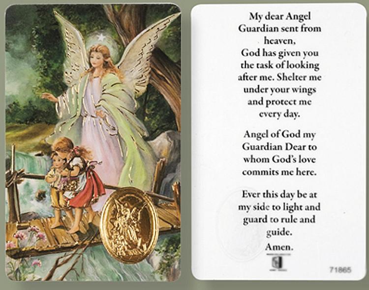 Guardian Angel Prayer Card with Gold Foil Medal
