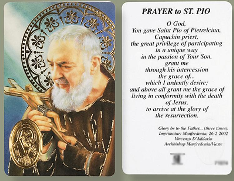 St Pio Prayer Card with Gold Foil Medal