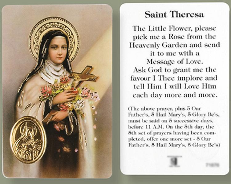 St Therese Prayer Card with Gold Foil Medal