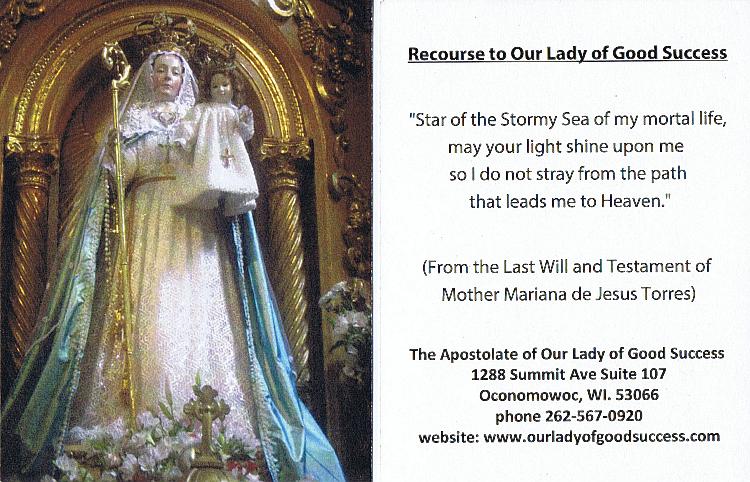 Our Lady of Good Success Prayer card
