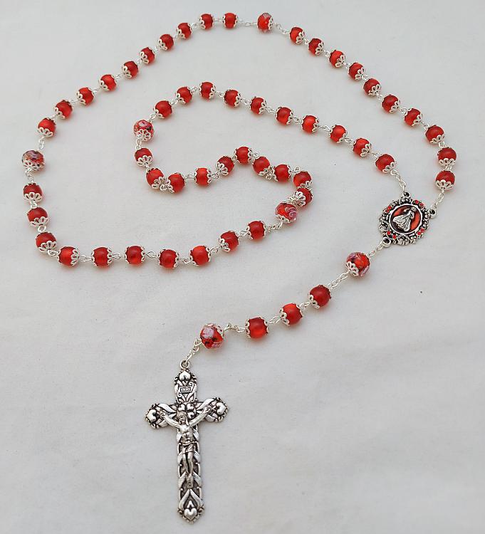 Glass Rosary Beads with filigree caps - ruby