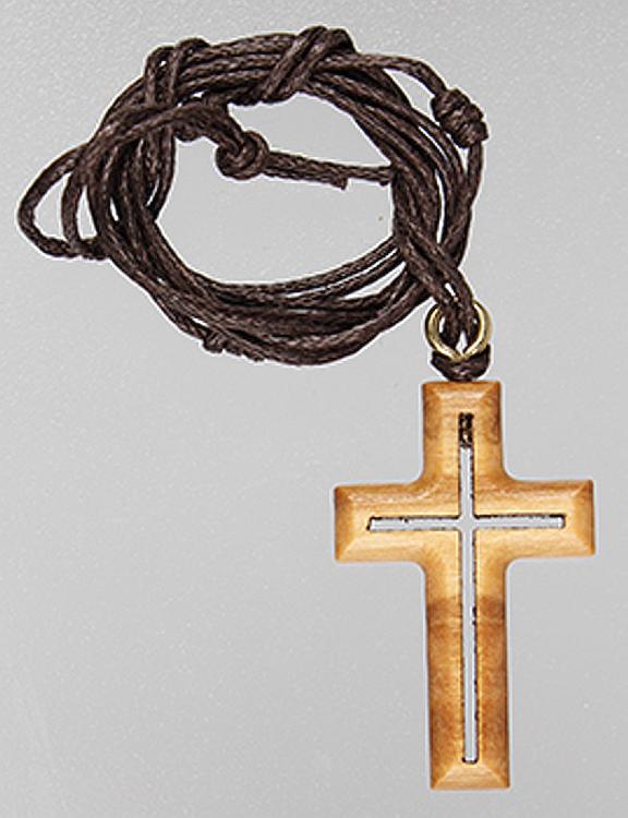 Olivewood cut-out cross on cord