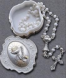First Communion Glass Rosary with matching box
