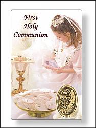 First Communion Girl Prayer Card with Gold Foil Medal