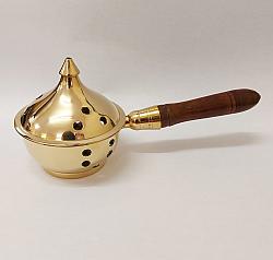 Brass hand censer with wood handle - 17 cm