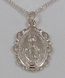Silver Miraculous medal - scalloped - with chain
