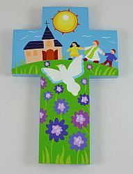 Painted Wood Cross - Dove and church