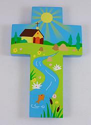 Painted Wood Cross - Water of Life