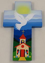 Painted Wood Cross - Dove and church - blue