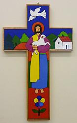 Latin American Painted Cross - 63 cm - Christ the Good Shepherd