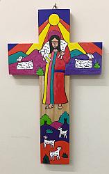 Latin American Painted Cross - 25 cm - Christ the Good Shepherd